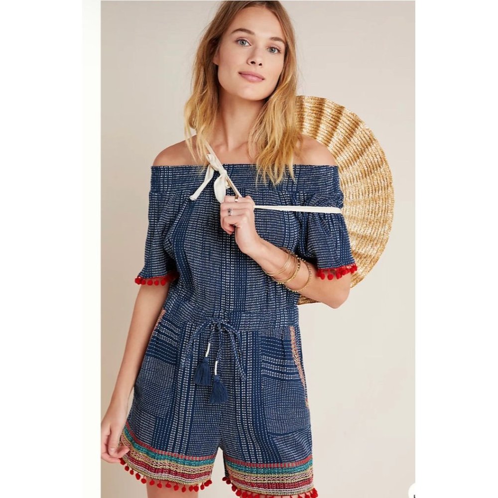 Anthropologie THML Lacey Pommed Off-The-Shoulder Romper Sz MEDIUM